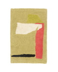 Bath mat with abstract green design featuring geometric shapes on a beige background