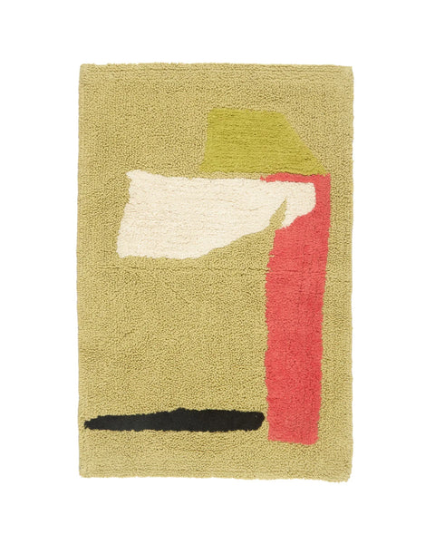 Bath mat with abstract green design featuring geometric shapes on a beige background