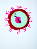 Abstract clock with pink numbers and brown border on white background