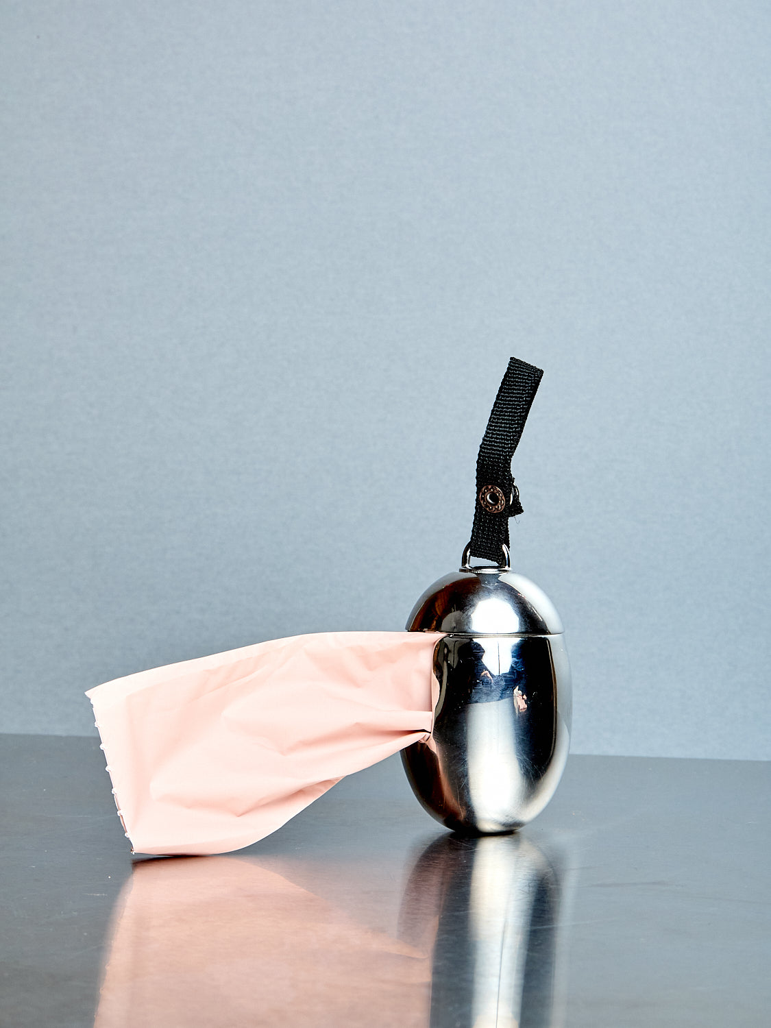 A pale pink dog bag sticking out of a silver egg shaped carrier with a black strap.