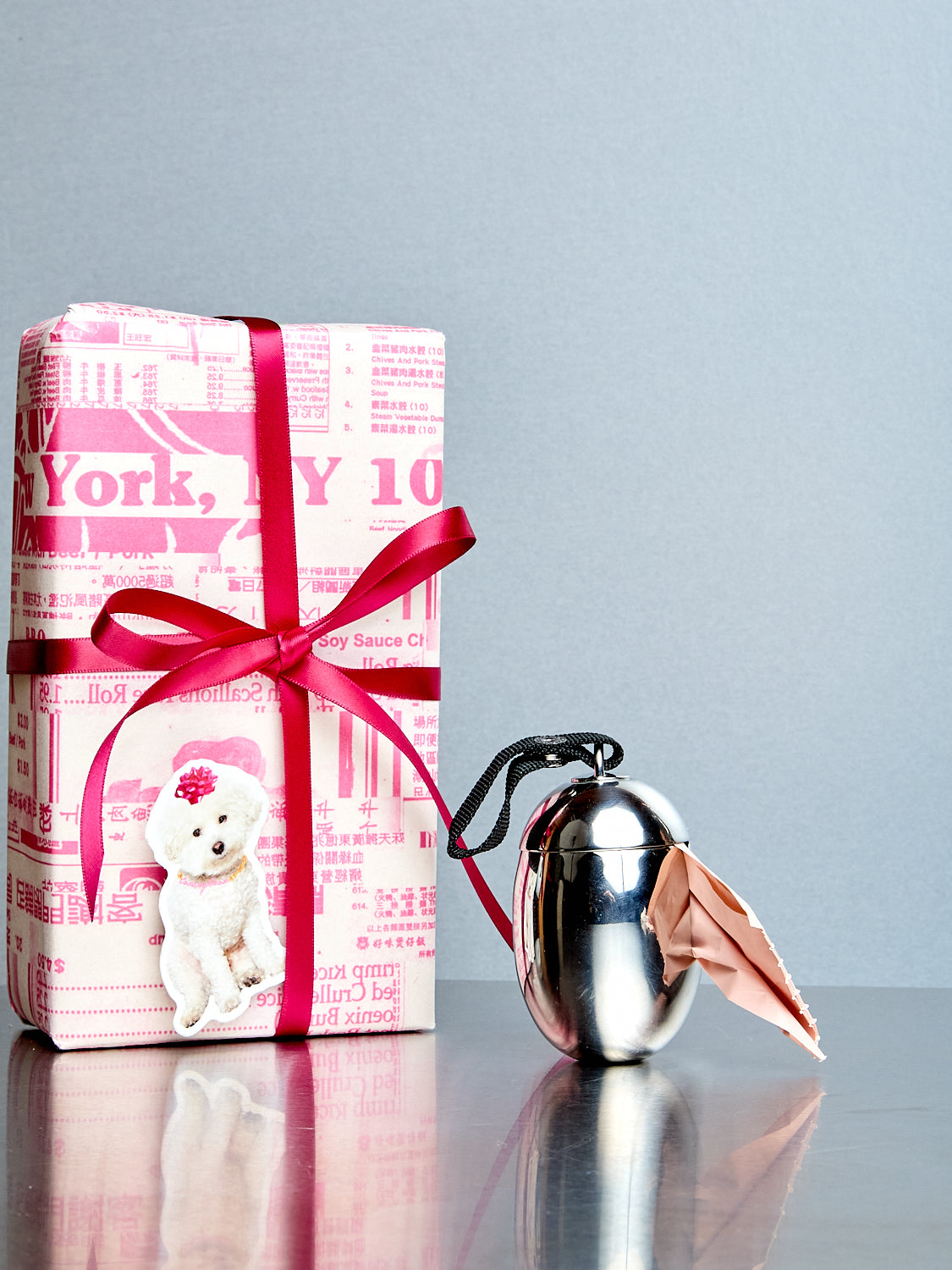 Pink wrapped gift with a red ribbon and a silver dog waste bag holder on a reflective surface.